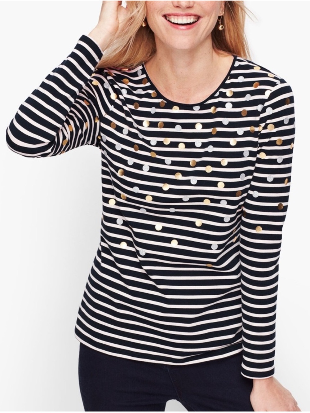 Talbots Metallic Dot Long Sleeve Striped Navy and White Tee Size Medium Petite